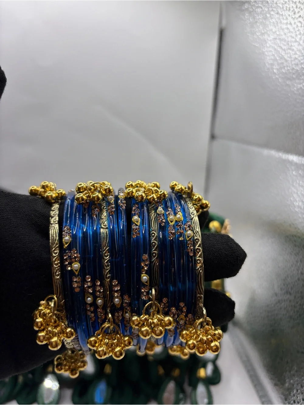 Kashmiri Desi Elegant Blue Glass - Pearls Drops Gold Women's Bangle Set